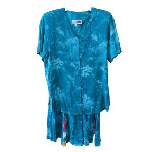 CM Shapes Women Two Piece Skirt Set M Aqua Button Short Sleeve V Neck Vintage